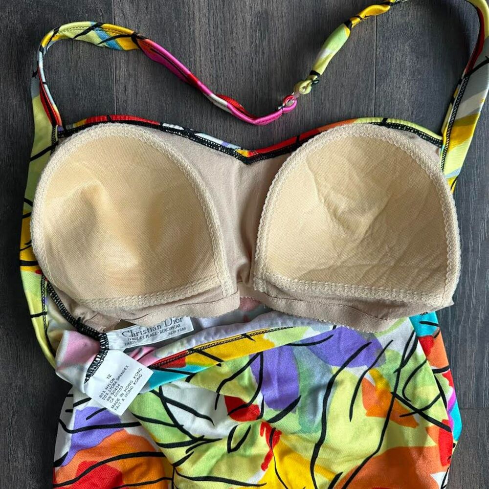 Vintage Christian Dior One-Piece Swimsuit Halter Bright Colorful Abstract Print - Picture 4 of 8